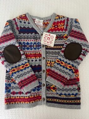 BNWT Hanna Andersson Gray Fair Isle Knit Cardigan with Elbow Patches